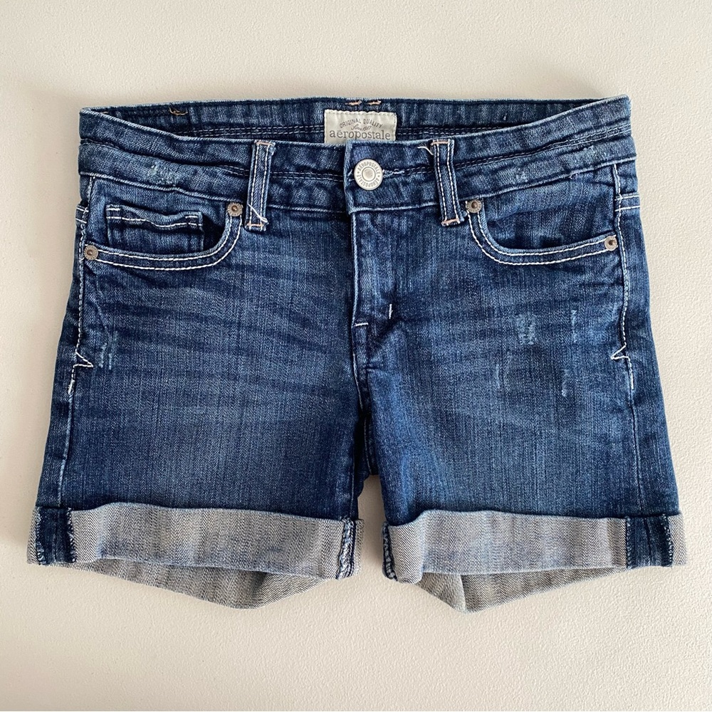 Aeropostale Low Rise Distressed Dark Wash Cuff Jean Denim Shorts Women's Size 00